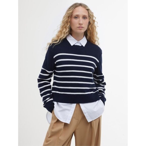 130$ Barbour Breton Emery Striped Crew Neck Knitted Jumper Sweater Size 16 Blue - Picture 2 of 4